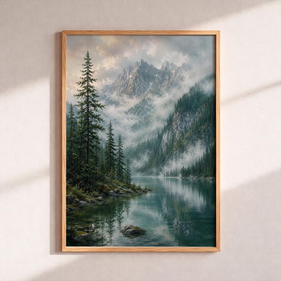 Mountain Lake Art Print Misty Forest Landscape Poster Oil Painting Illustration Rustic Cabin Wall Decor Moody Nature