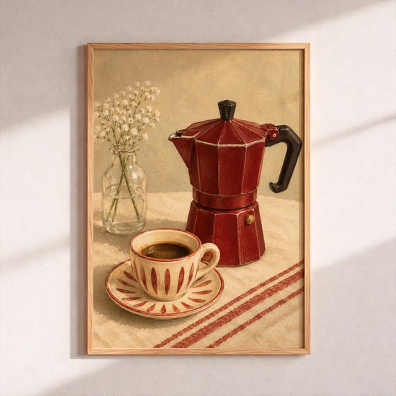 Moka Coffee Art Print Rustic Red Espresso Pot Poster Oil Painting Illustration Cottagecore Kitchen Wall Decor Still Life