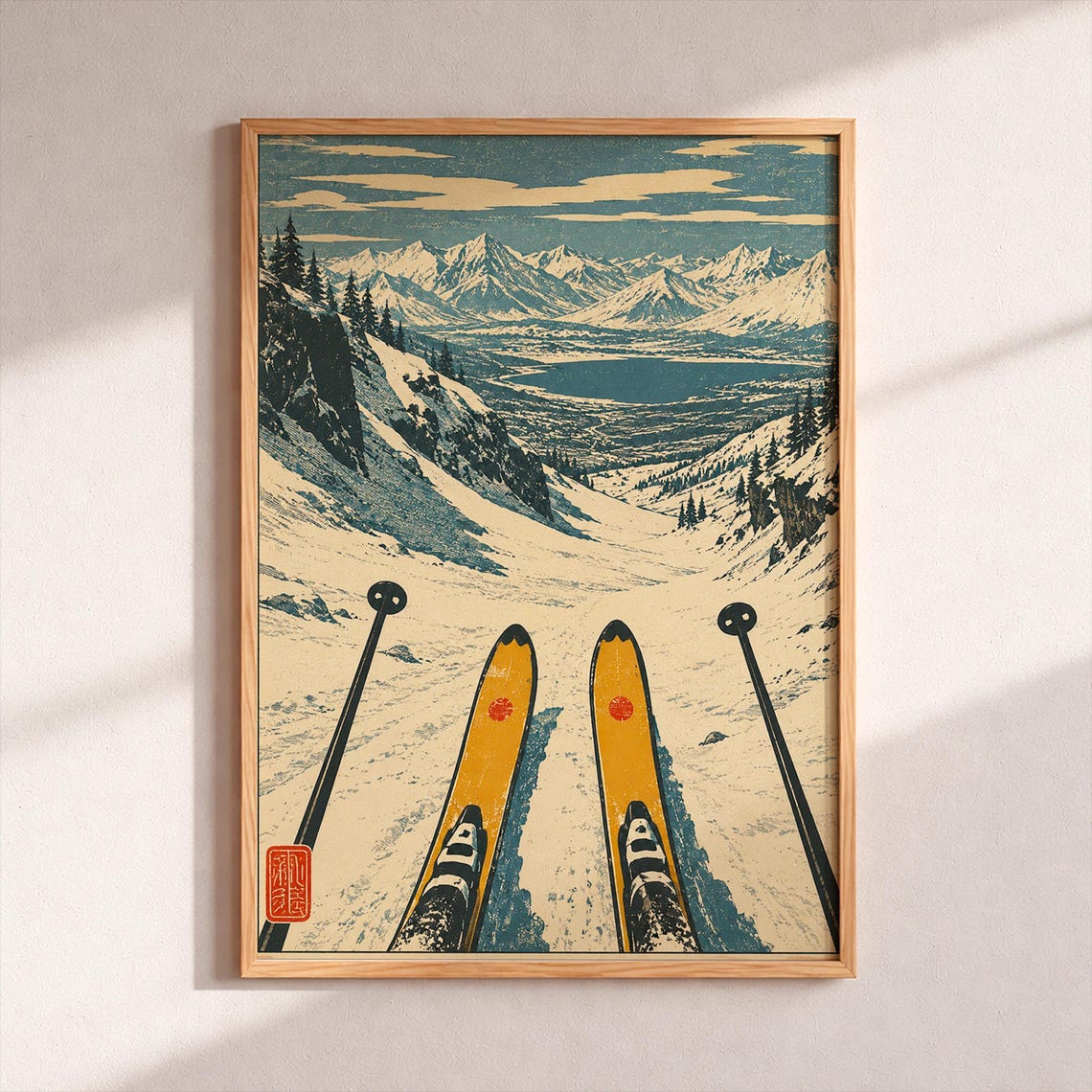 First Person Ski Descent Vintage Japanese Style Alpine Mountain Poster
