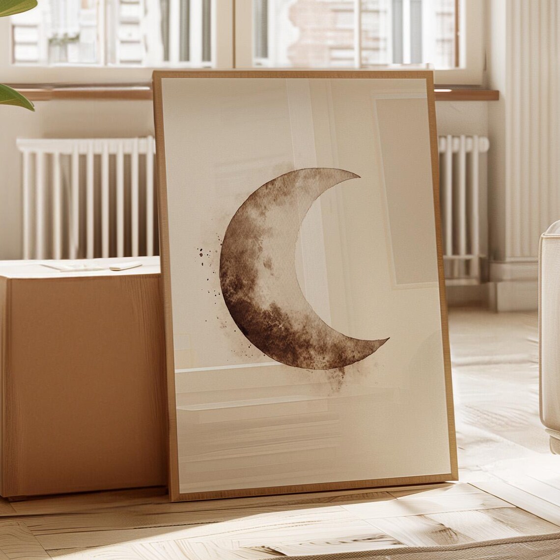 Minimalist Brown Crescent Moon Watercolor Celestial Wall Art