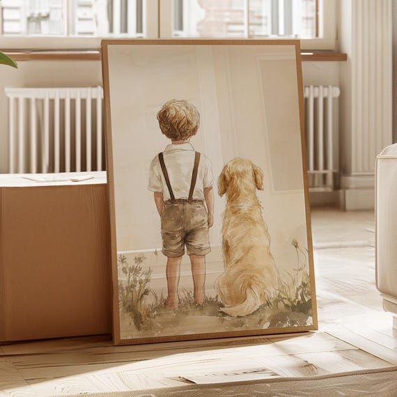 Boy And Dog Canvas Wall Art Vintage Farmhouse Style Nursery Print Loyal Friendship Poster Rustic Country Decor For Kids Room