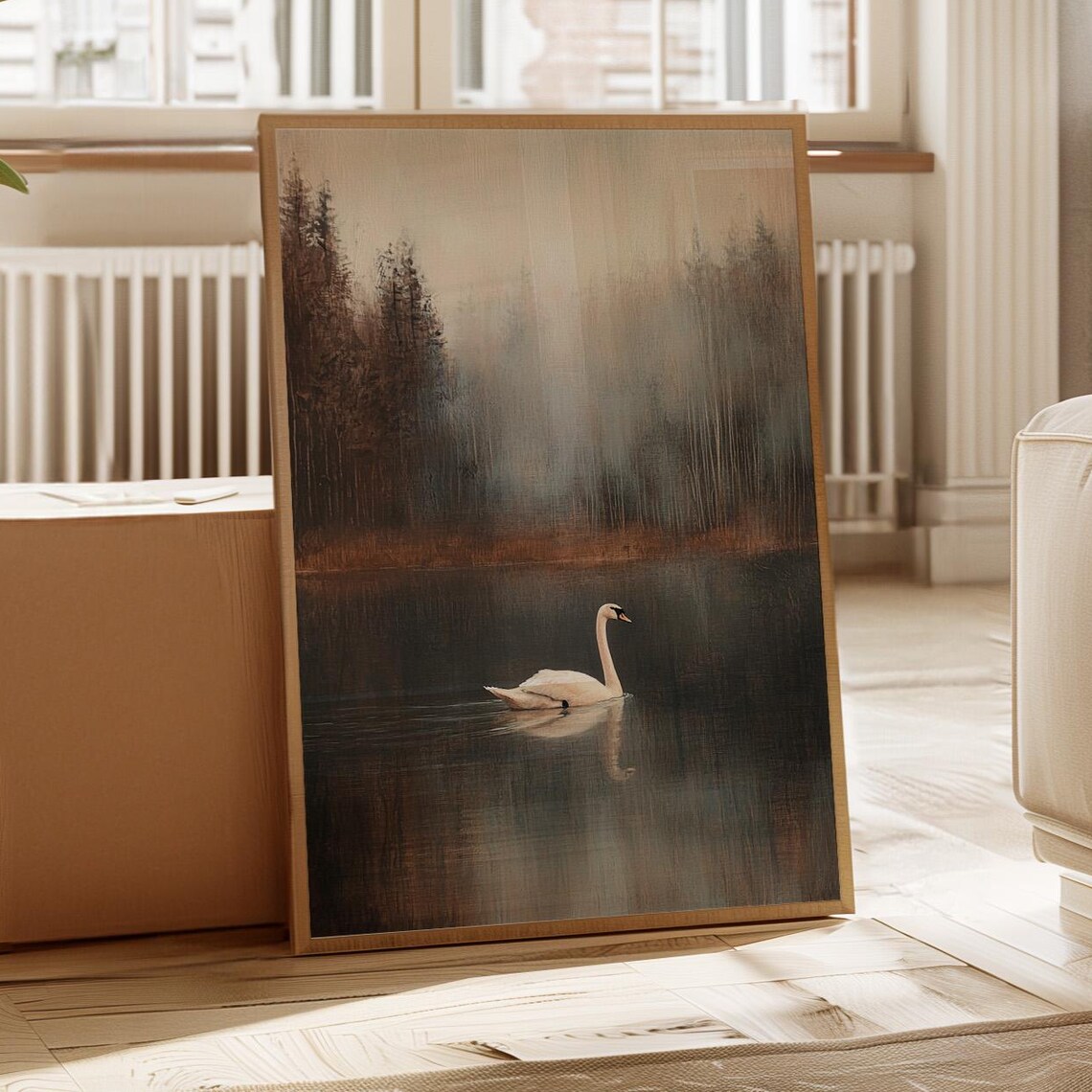 Lone White Swan On A Foggy Dark Lake With Pine Trees Wall Art