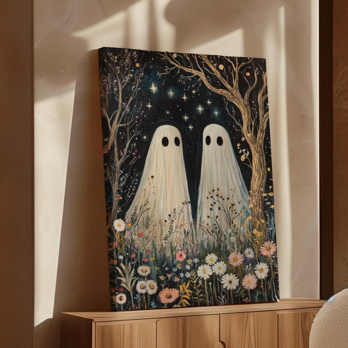 Two Ghosts Under Starry Night, Whimsical Fantasy Art Print