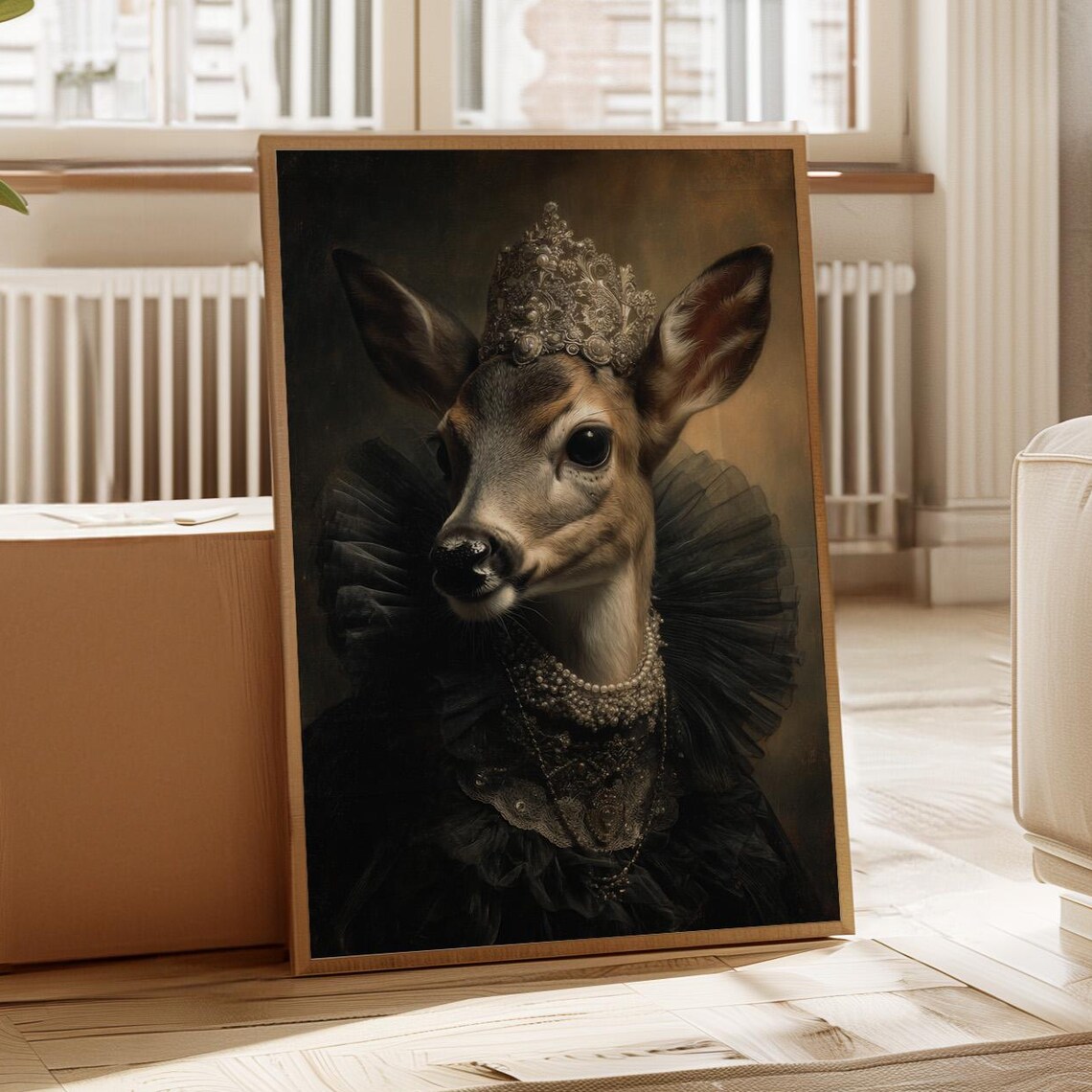 Regal Young Deer In Royal Crown Pearls Lace Portrait Wall Art