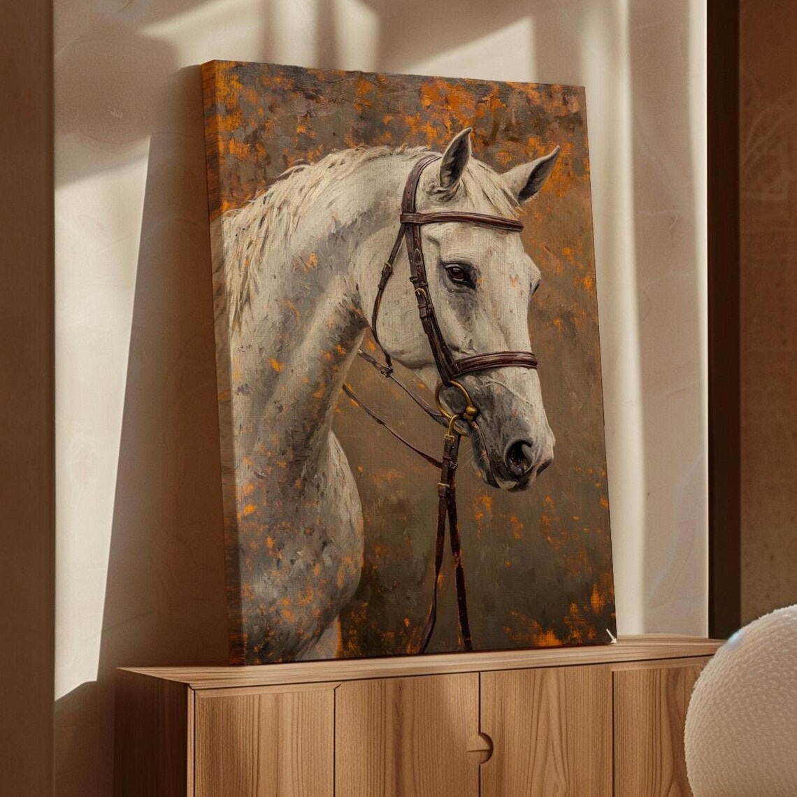 Elegant White Horse Head Portrait Rustic Oil Painting Animal Poster