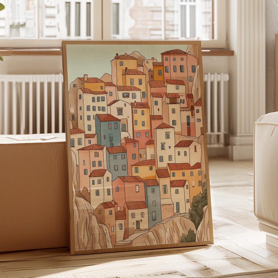Mediterranean Hill Town Pastel Illustration Terracotta Roofs Poster