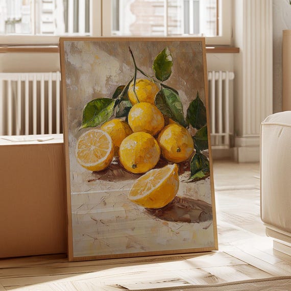 Vintage Lemon Still Life Canvas Rustic Yellow Fruit Wall Art With Leaves Classic Farmhouse Kitchen Decor In Oil Paint Texture