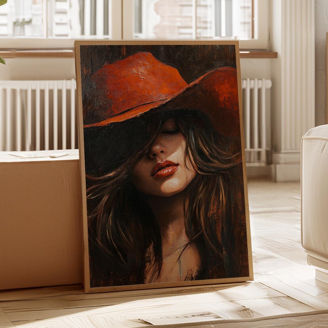 Cowgirl Woman Red Hat Long Dark Hair Moody Portrait Art Poster