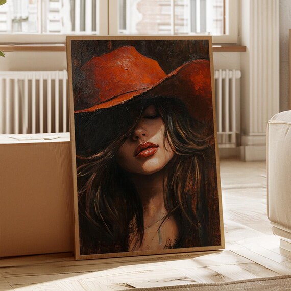 Cowgirl Woman Red Hat Long Dark Hair Moody Portrait Art Poster