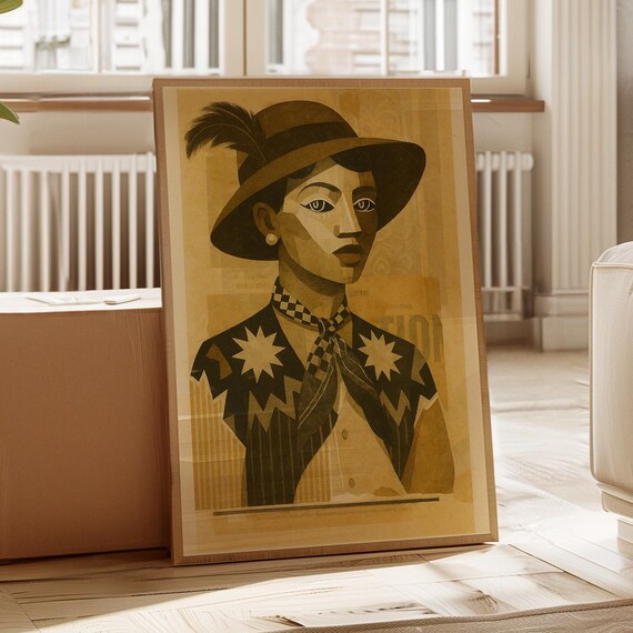 Vintage Cubist Western Woman Portrait Feather Hat Sepia Geometric Poster