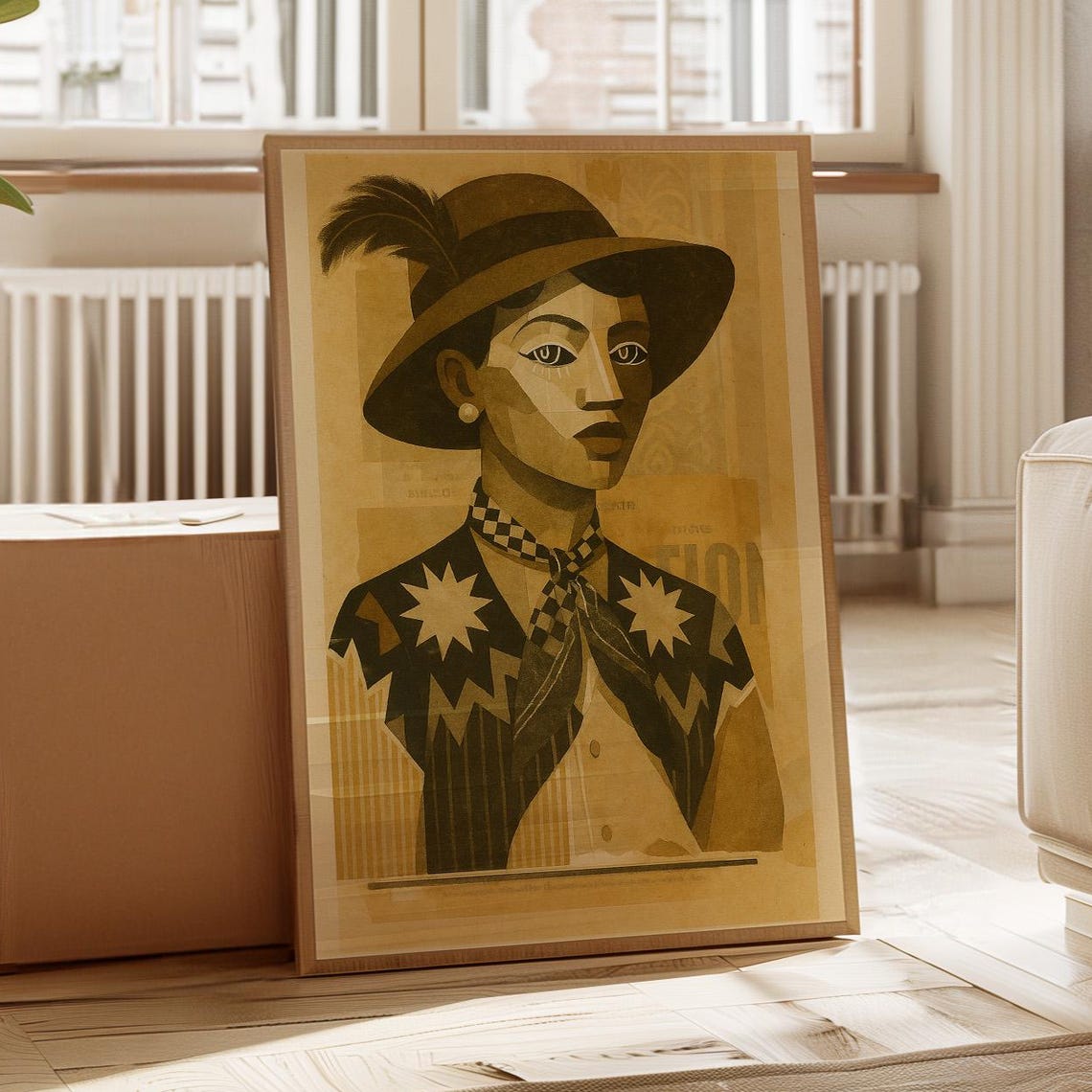 Western Cowgirl Portrait Print Vintage Cubist Style Southwestern Woman Wall Art With Hat And Bandana