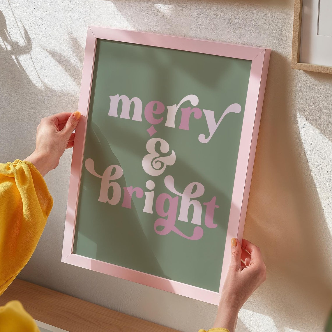 Merry And Bright Retro Script Sage Green Blush Christmas Quote Poster