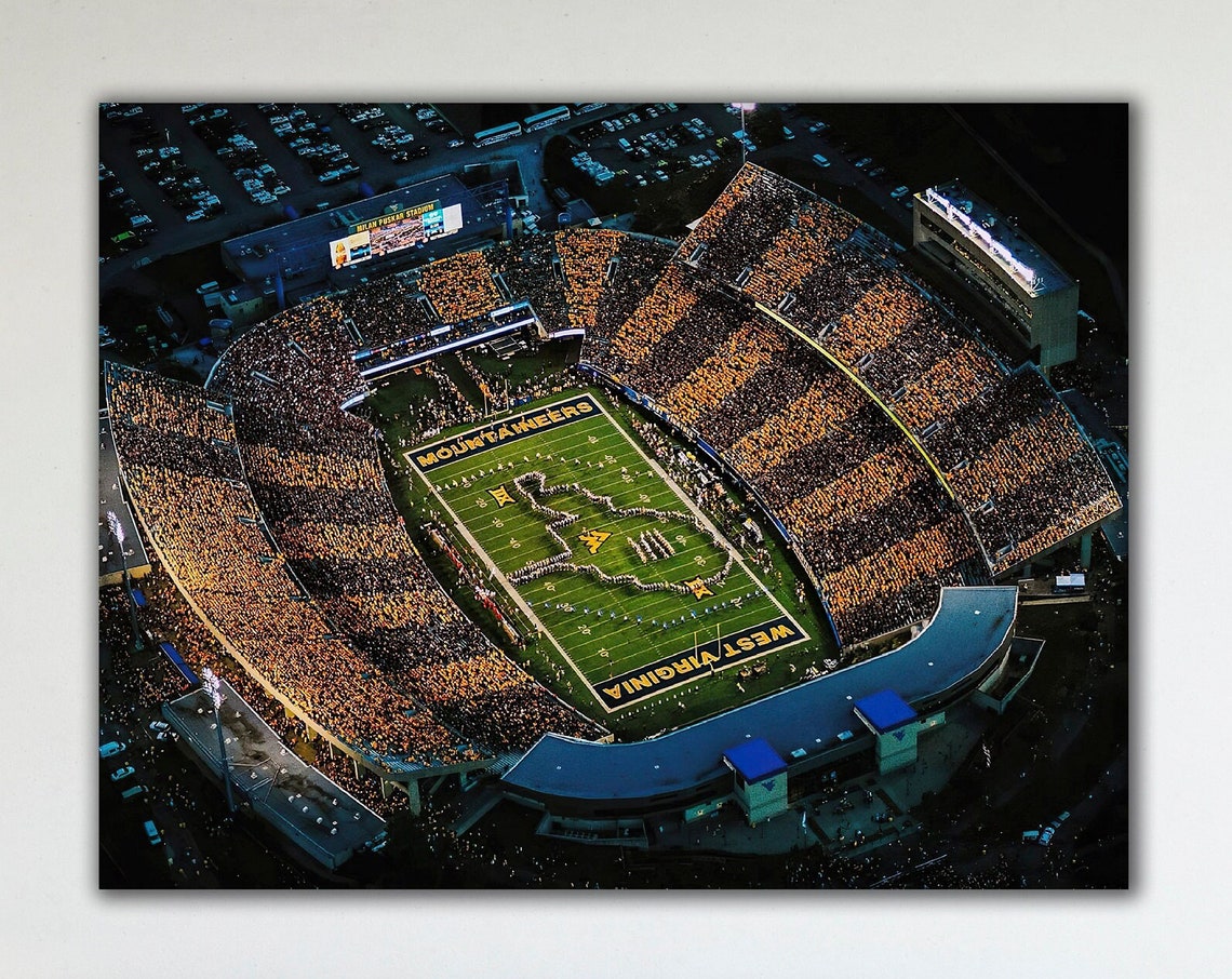 West Virginia Mountaineers Stadium Aerial Night Game Day Art Poster