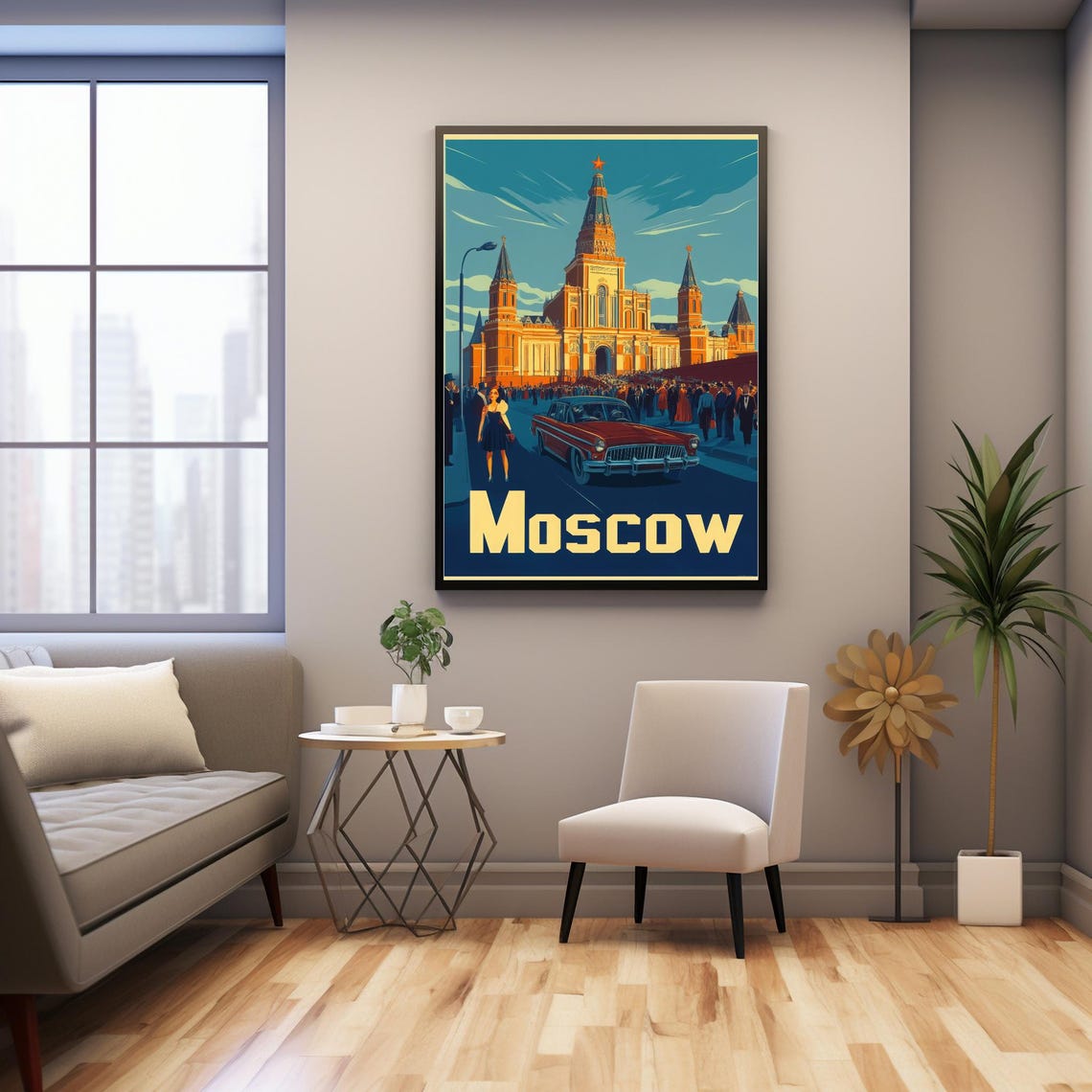 Vintage Moscow Poster Of Iconic Architecture With Classic Car And Elegant Crowd Art For Instant - Image 3