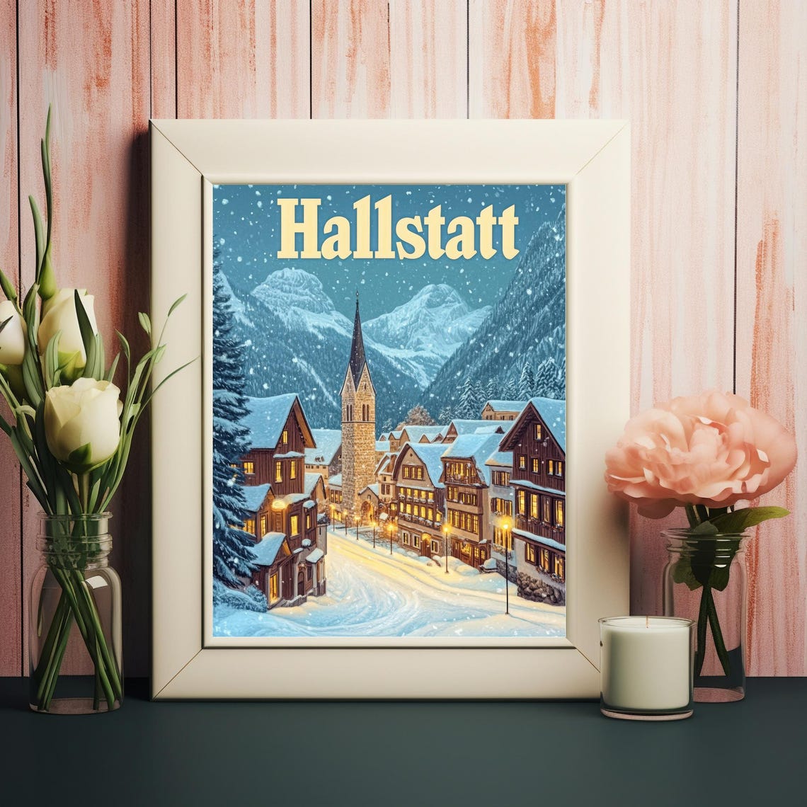 Hallstatt A Serene Winter Wonderland With Snowy Chalets And Majestic Mountains Art For Wall Decor