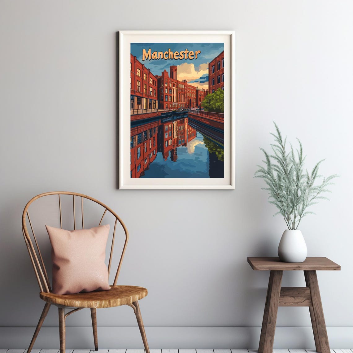 Manchester A Vibrant Art Print Of Iconic Red Brick Architecture Reflected In A Serene Canal Scene