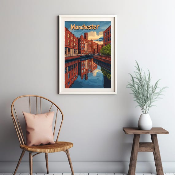 Manchester A Vibrant Art Print Of Iconic Red Brick Architecture Reflected In A Serene Canal Scene