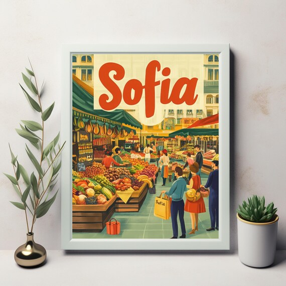 Vibrant Retro Market Scene In Sofia Bustling Stalls With Colorful Fruits And Vegetables Instant Wall Art