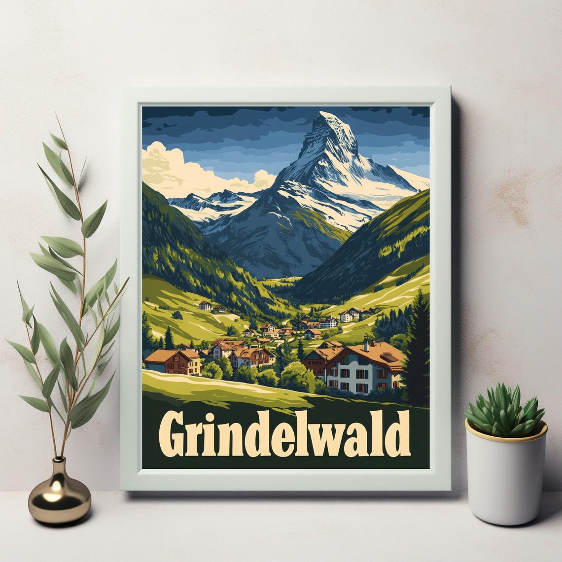 Discover The Beauty Of Grindelwald A Vintage Travel Poster Of The Swiss Alps With Scenic Chalets And Majestic Mountains