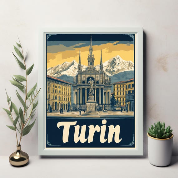 Vintage Turin Travel Poster Featuring Iconic Architecture And Snow Capped Mountains
