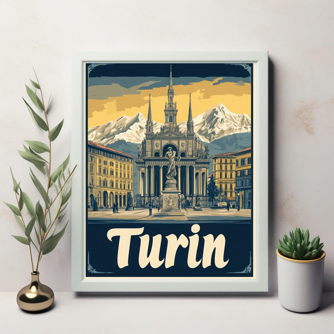 Vintage Turin Travel Poster Featuring Iconic Architecture And Snow Capped Mountains