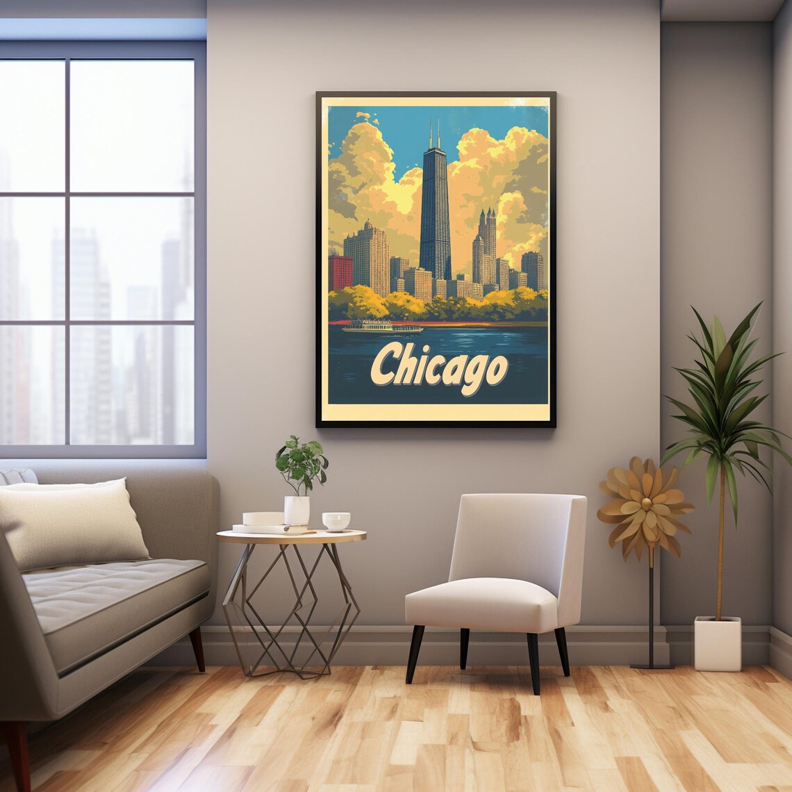 Vintage Chicago Skyline, Willis Tower And River - Image 3