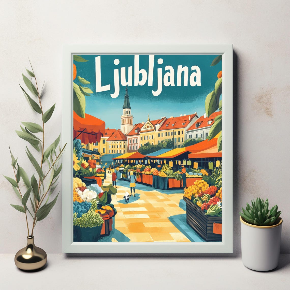 Vibrant Ljubljana Market Scene A Retro Travel Art Print Celebrating The Heart Of Slovenias Capital City - Image 2