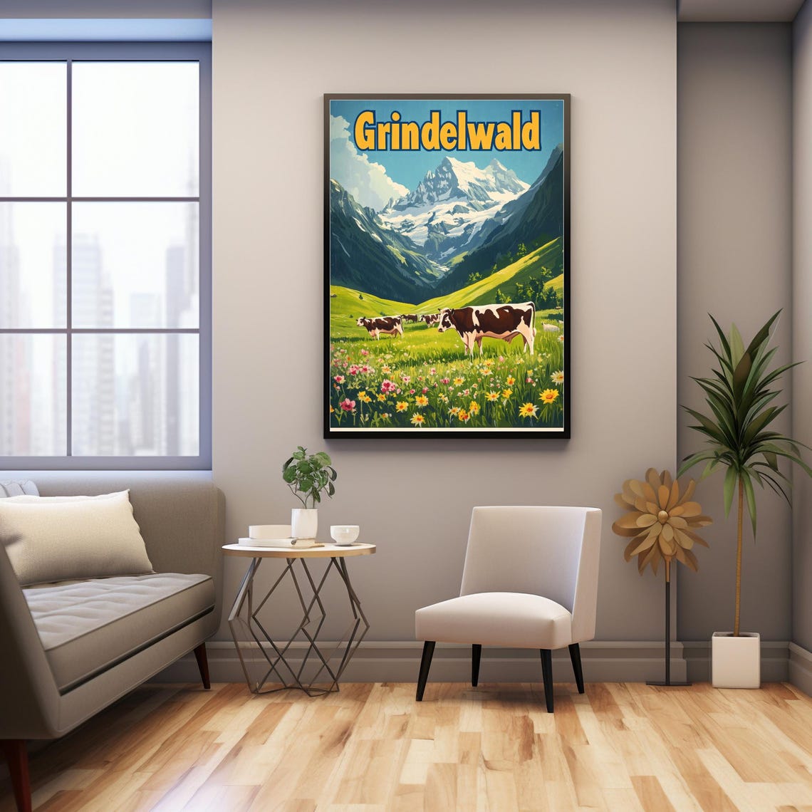 Discover The Beauty Of Grindelwald A Vintage Travel Poster Of The Swiss Village With Majestic Mountains And Grazing Cows - Image 3