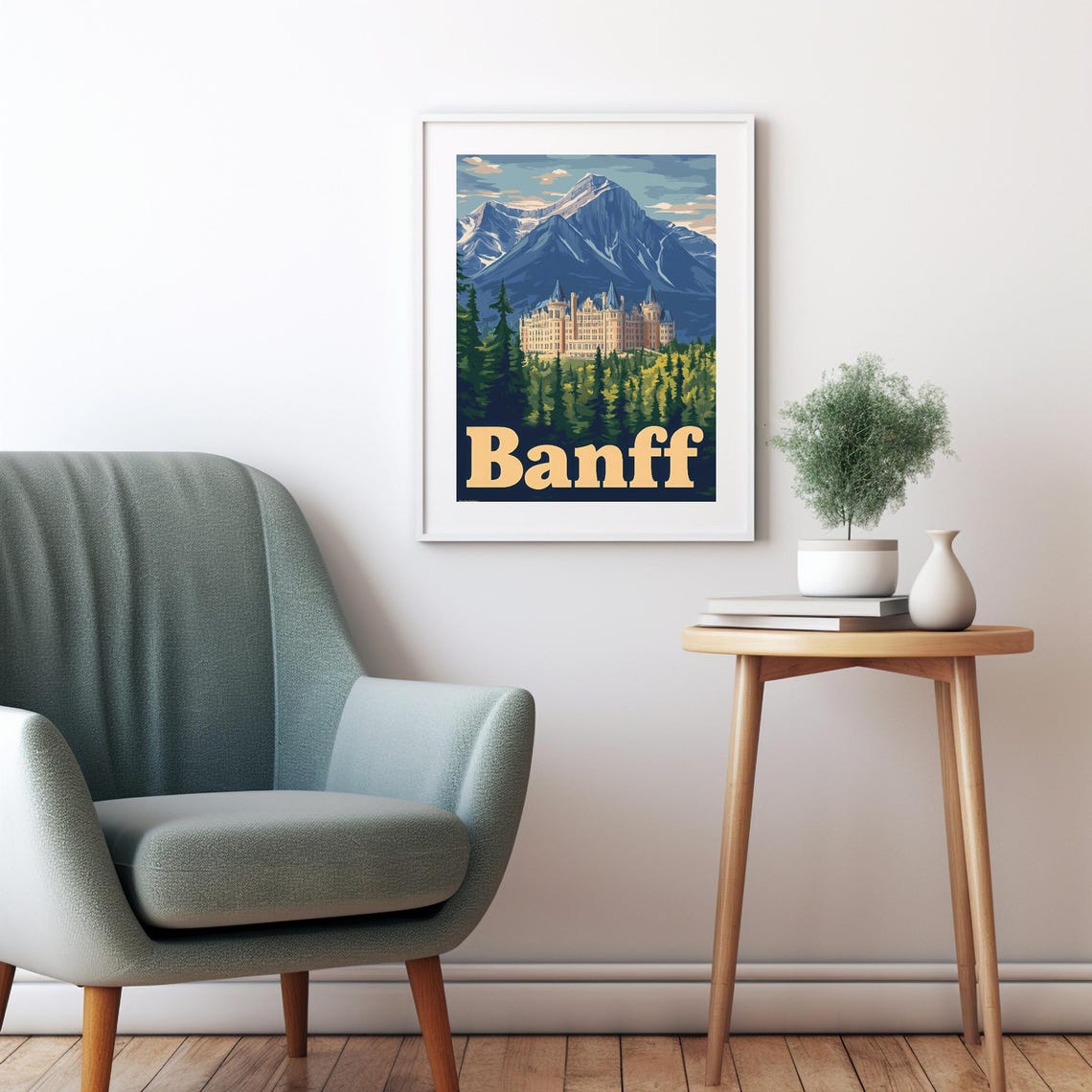 Vintage Inspired Castle Illustration With Majestic Mountains Banff Wall Art For Instant - Image 2