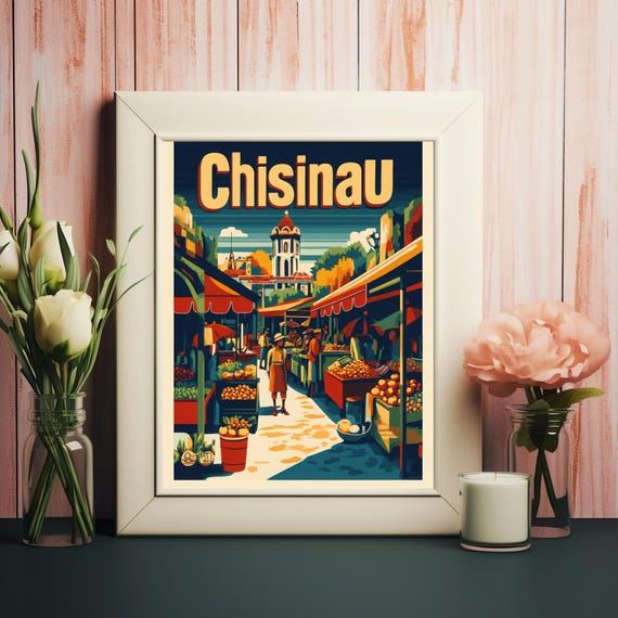 Vibrant Market Scene In Chiinu Bustling Marketplace Illustration With Colorful Stalls And Iconic Architecture