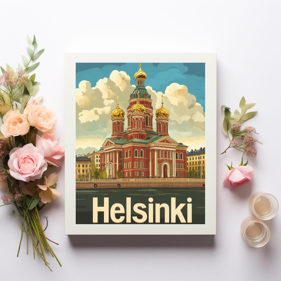 Vibrant Helsinki Cathedral Illustration A Nostalgic Travel Poster With Reflection In Water And Serene Sky - Image 2