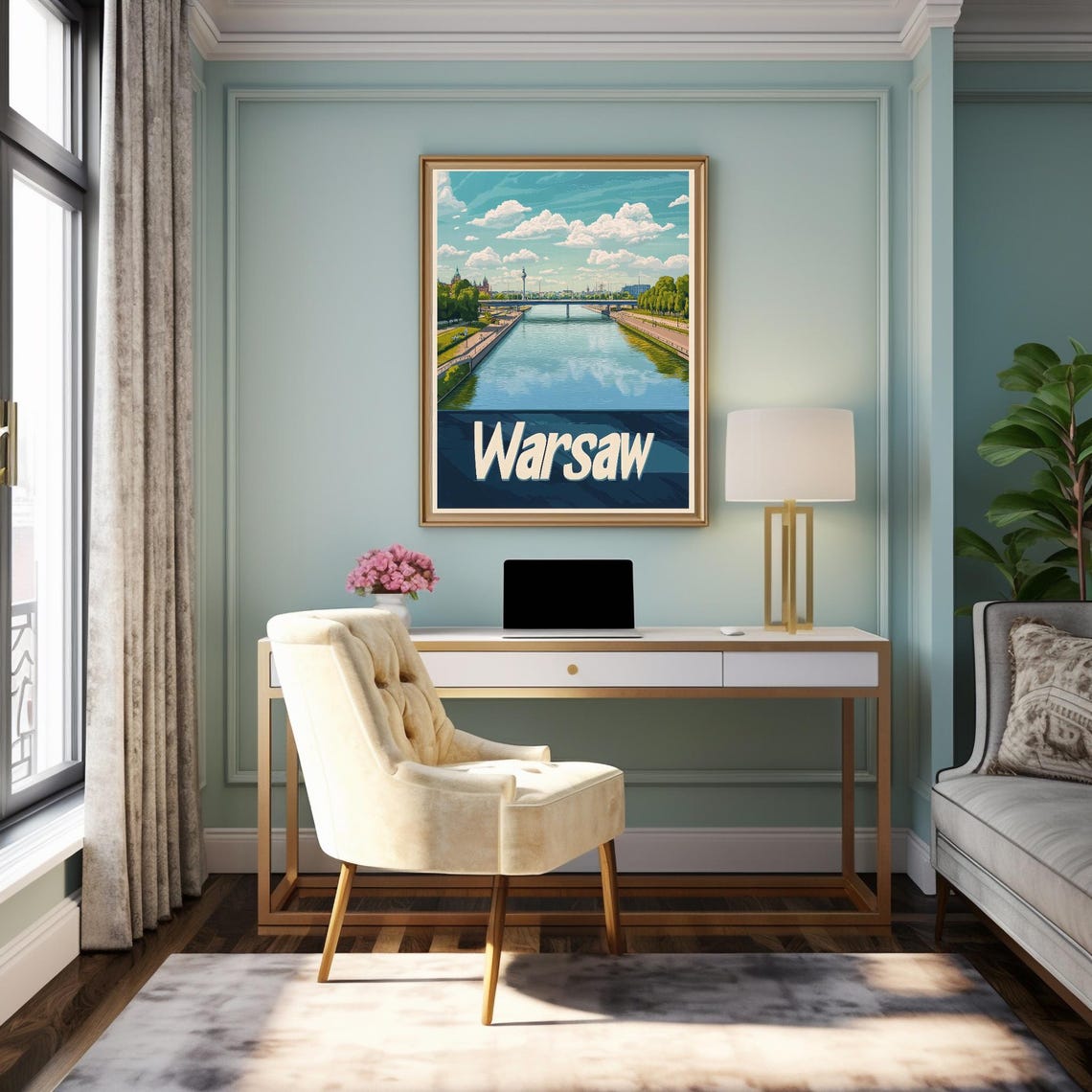 Warsaw A Scenic View Of The Vibrant City With Lush Riverbanks And Mix Of Architecture Vintage Travel Poster Style - Image 2