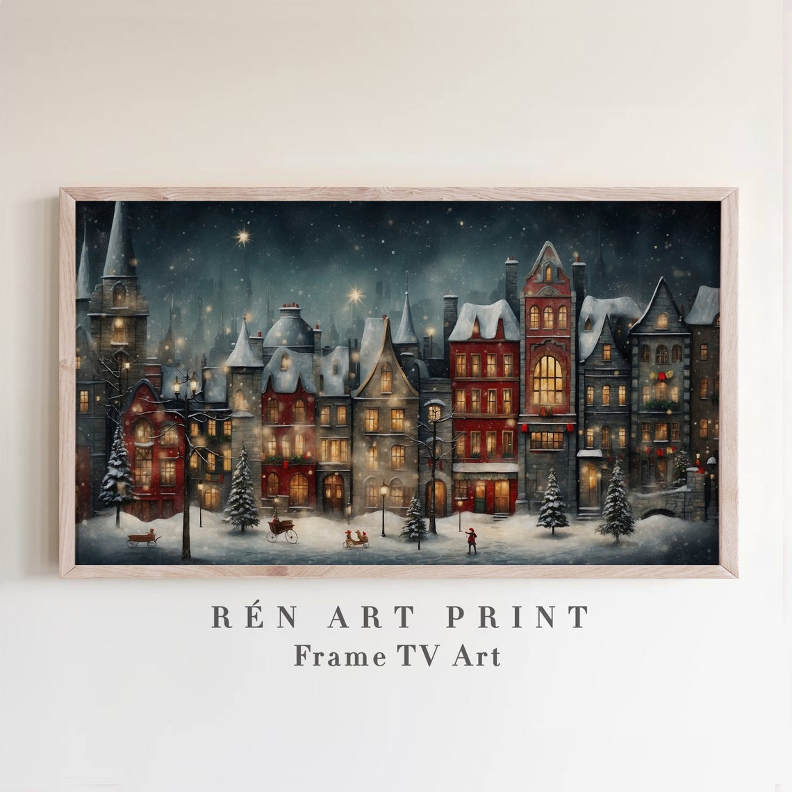 Christmas Town Night Glowing Windows Snowy Street Vintage Print