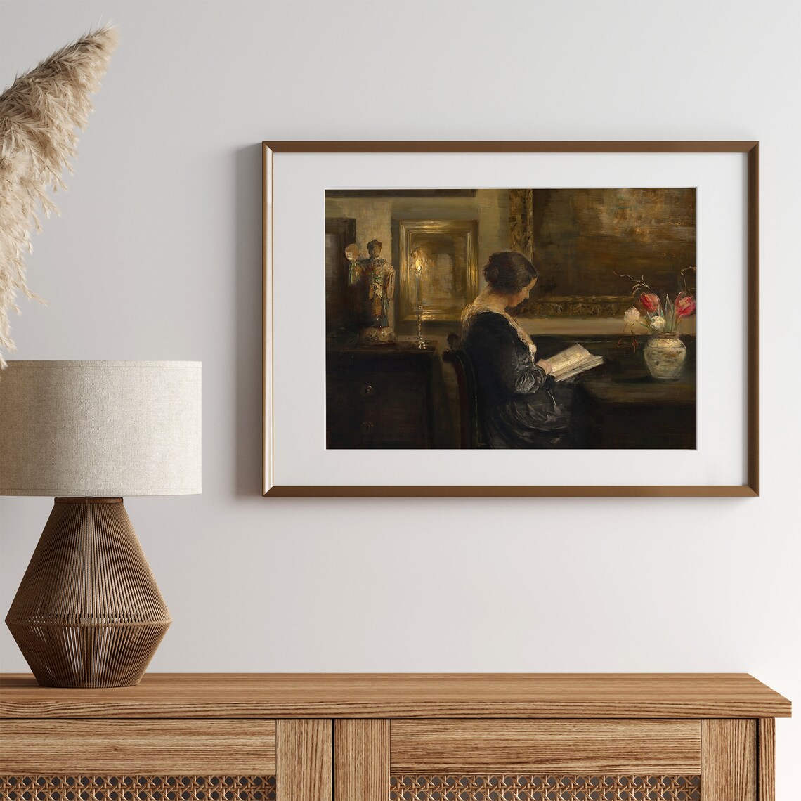 Woman Reading by Candlelight Vintage Interior Oil Painting Print - Image 2