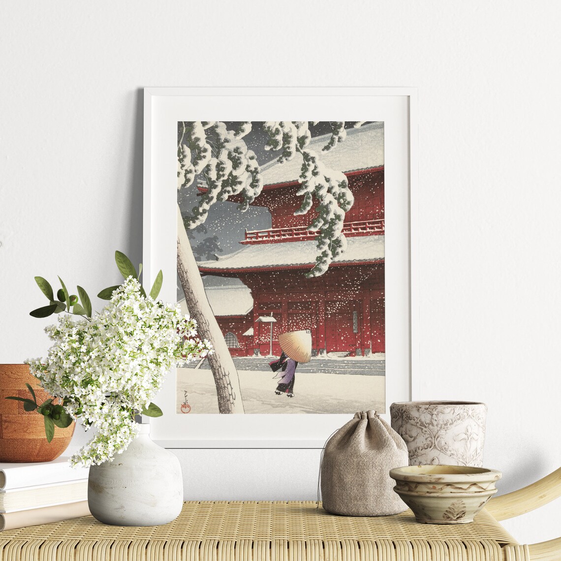 Red Temple in Snow Japanese Woodblock Style Winter Art Poster - Image 2