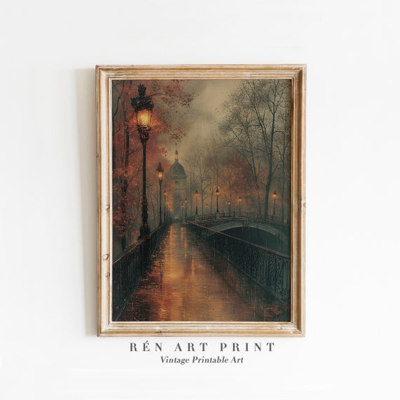 Rainy Autumn City Painting, Vintage Farmhouse Art Print