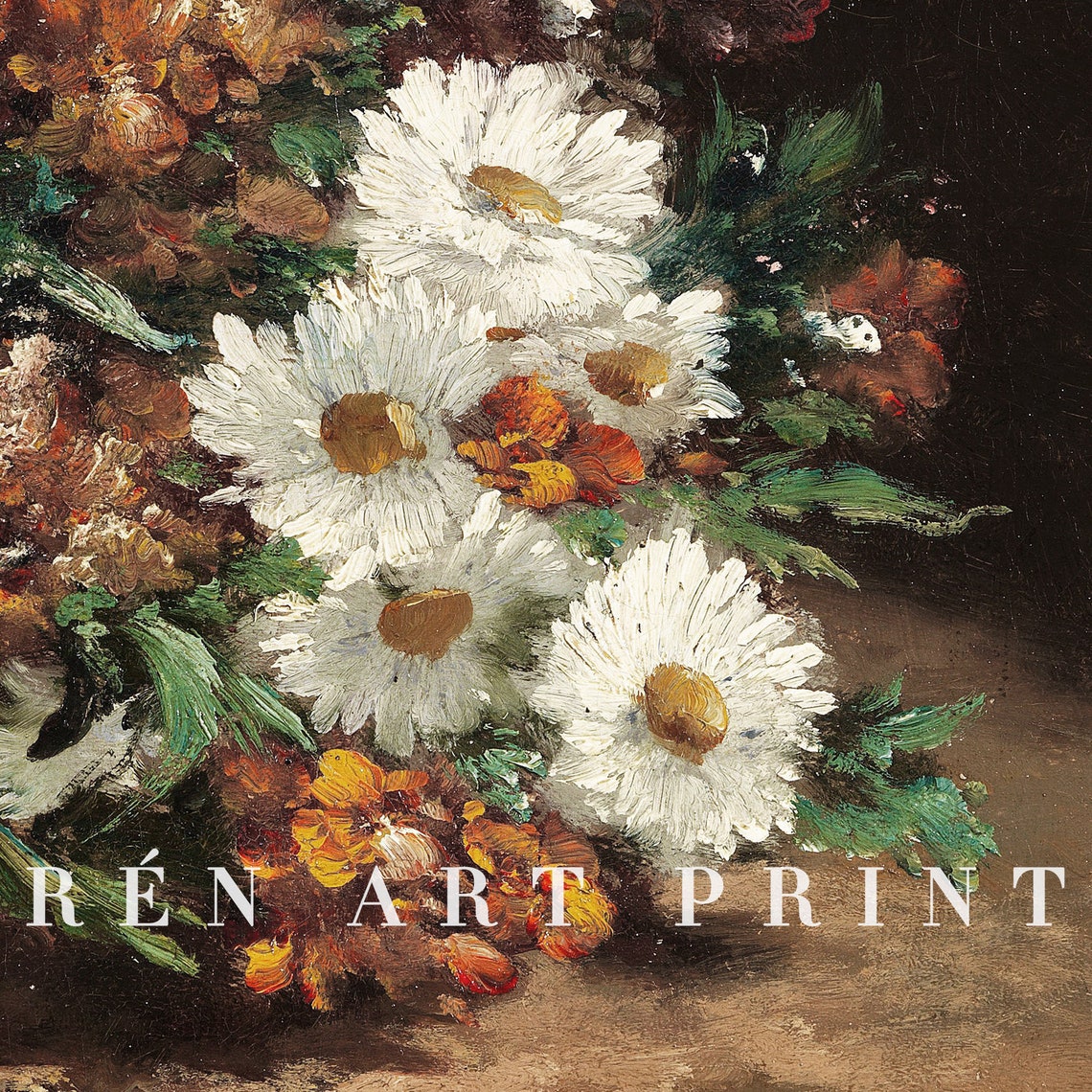White Daisies with Rustic Wildflowers Vintage Bouquet Art Print - Image 3