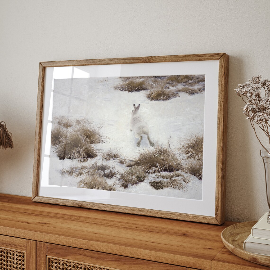 White Rabbit in Snowy Winter Field Vintage Wildlife Art Print - Image 3