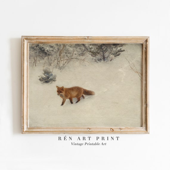 Fox In Winter Painting, Vintage Rustic Art Print
