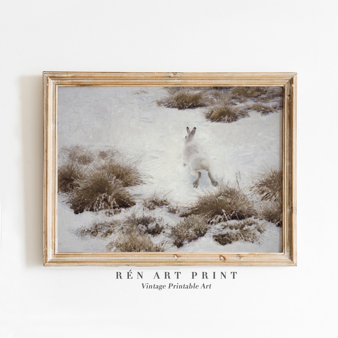 White Rabbit in Snowy Winter Field Vintage Wildlife Art Print