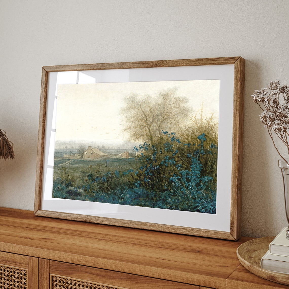 Muted Countryside Farmhouse Vintage Misty Field Distant Hills Poster - Image 3