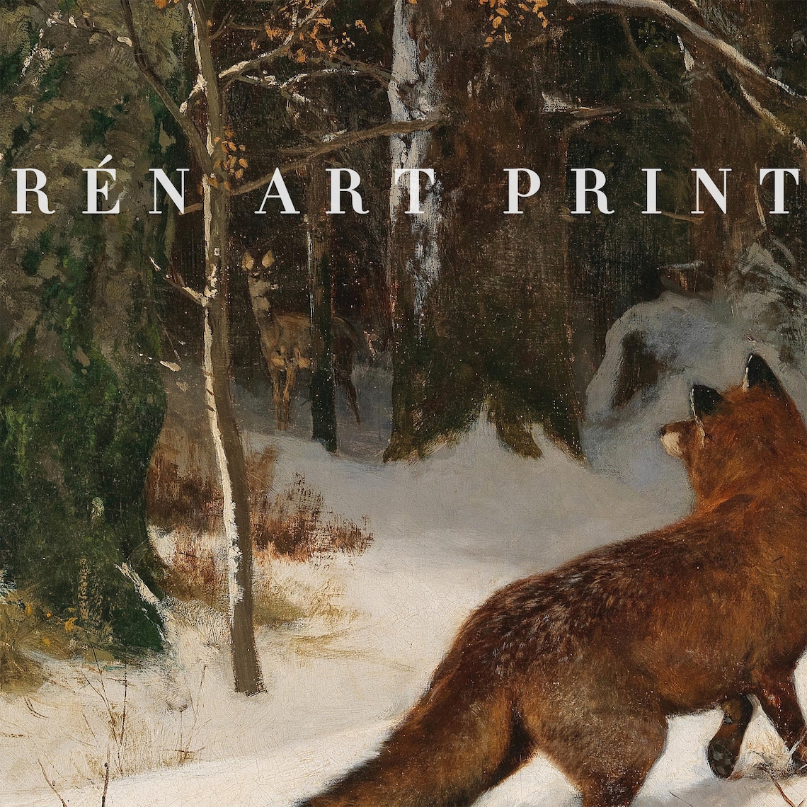 Vintage Winter Landscape with Fox, Christmas Art Print - Image 3