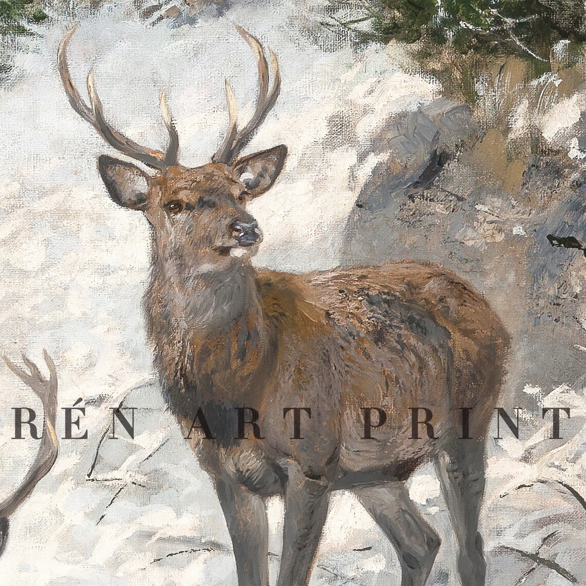 Three Red Deer Stags Snowy Mountain Antique Wildlife Painting Art Poster - Image 3