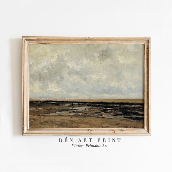 Vintage Landscape Wall Art Antique Cloudy Painting Farmhouse Wall Decor Neutral Art Landscape Oil Painting