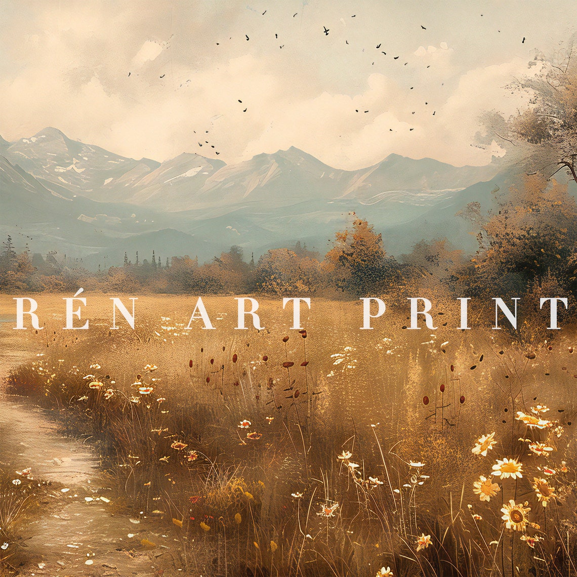Autumn Meadow Wildflowers Path to Snowy Mountains Rustic Poster - Image 3