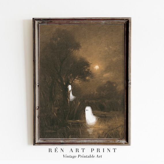 Ghosts Moonlit Night Vintage Spooky Marsh Cute Ghosts Halloween Poster