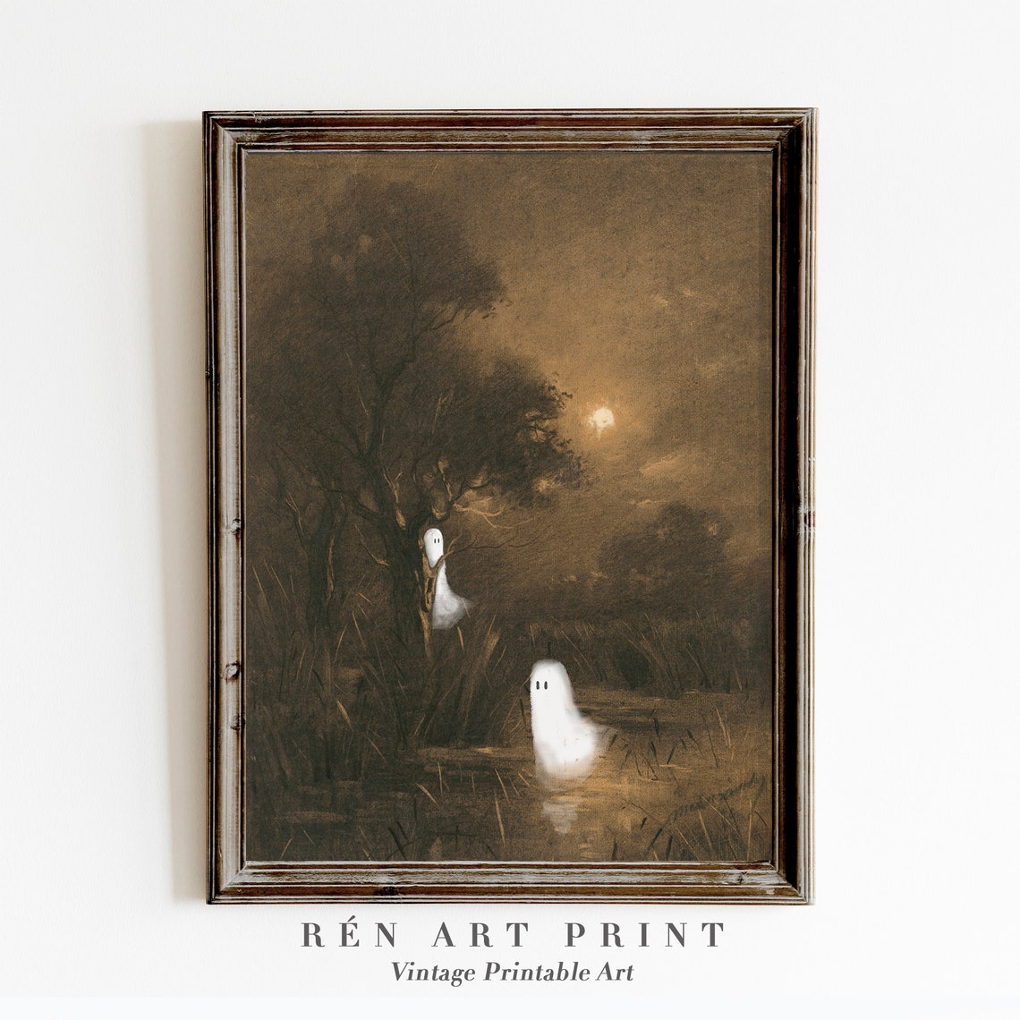Ghosts Moonlit Night Vintage Spooky Marsh Cute Ghosts Halloween Poster