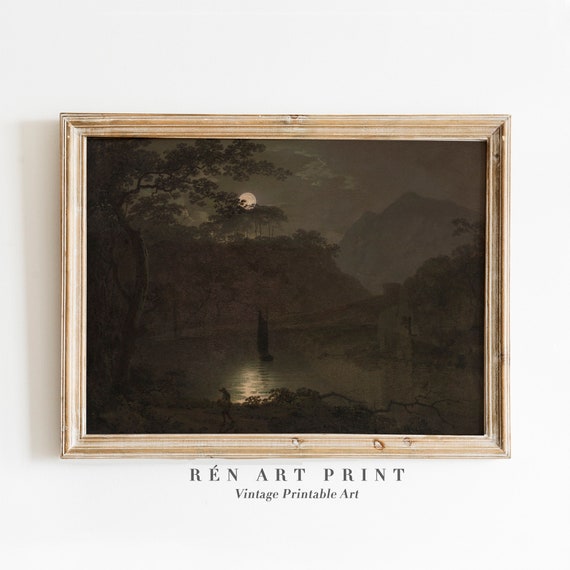 Moody Landscape Painting Dark Night Print Vintage Wall Art Antique Moody Wall Art Dark Oil Painting