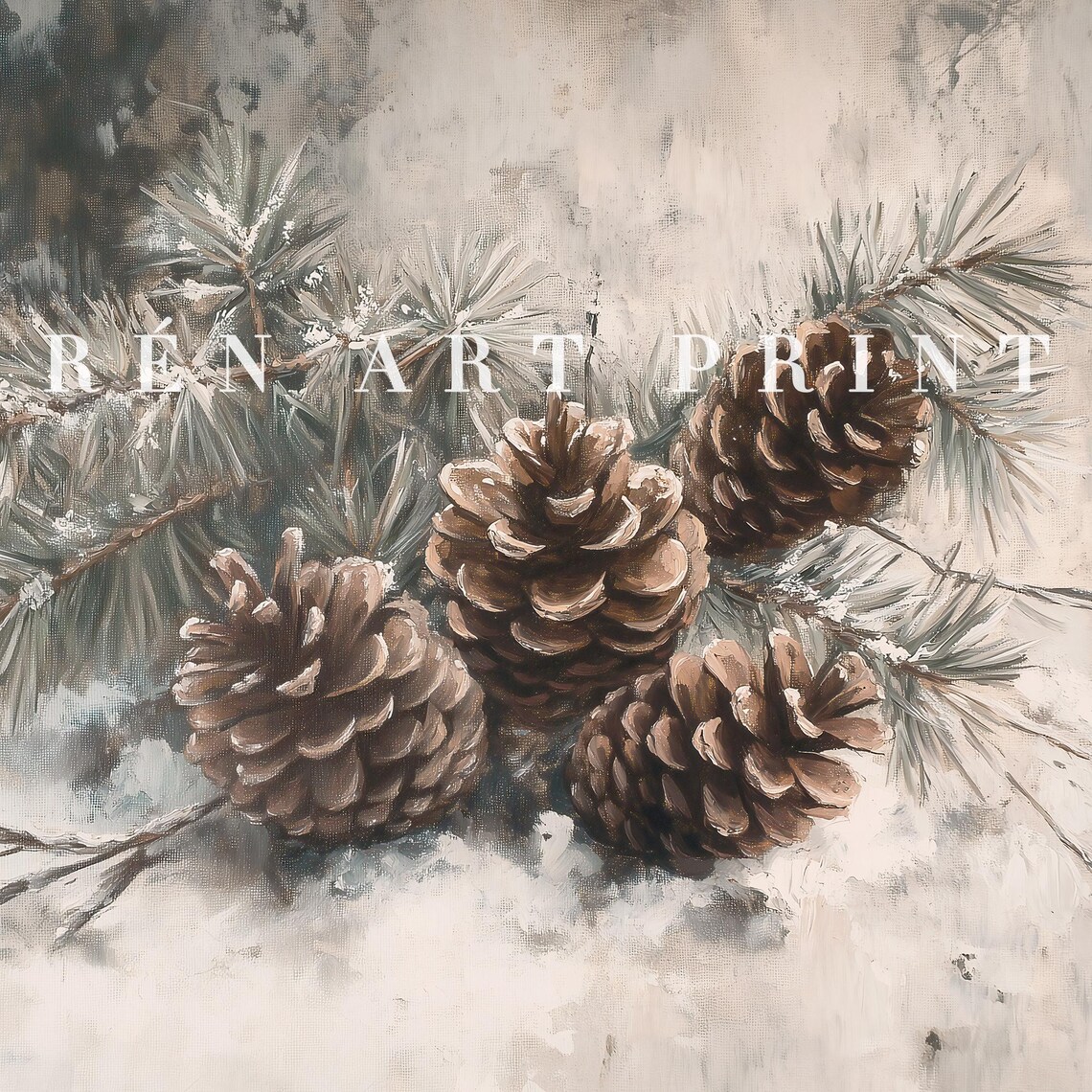 Antique Winter Pine Cone Painting, Rustic Holiday Print - Image 3