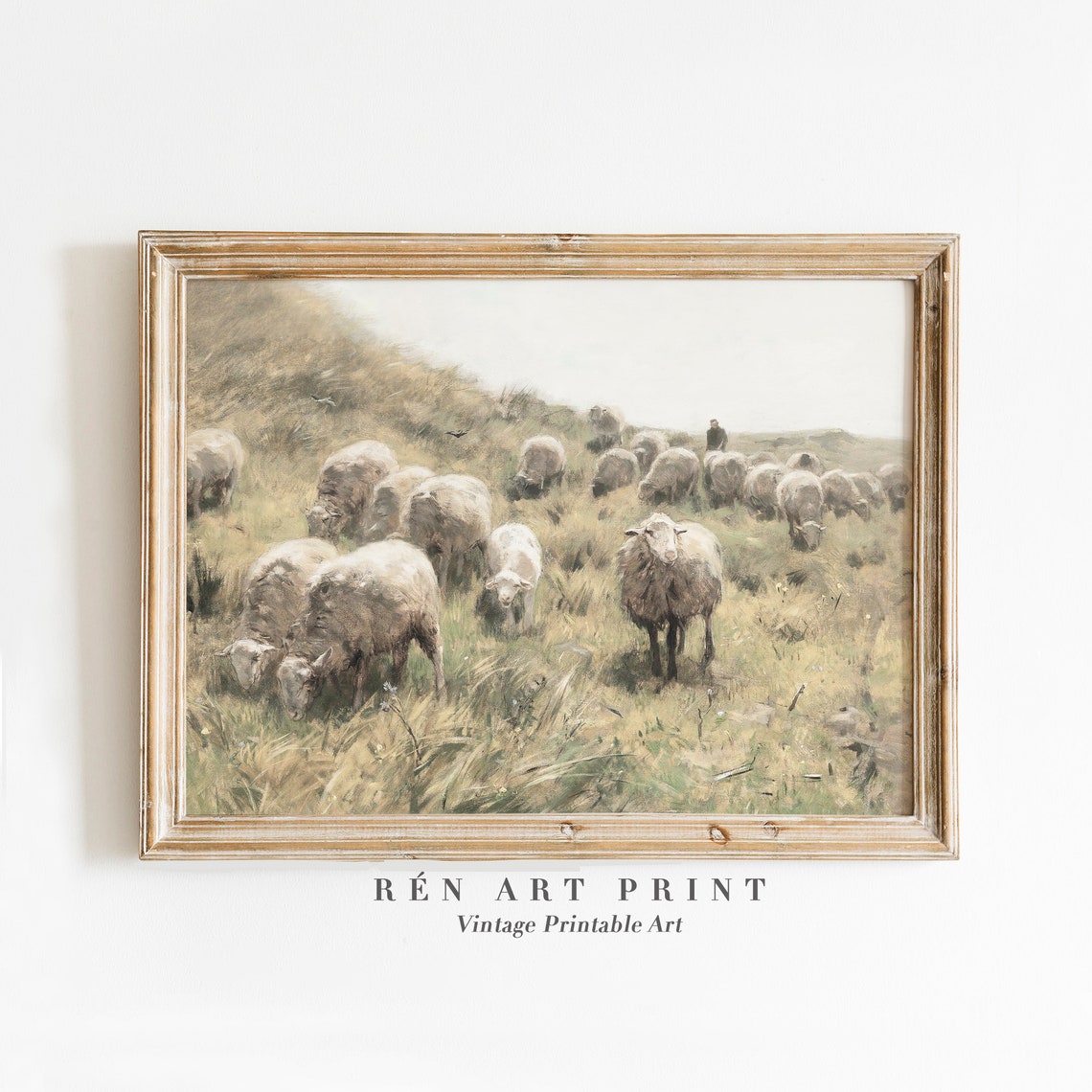 Sheep Flock Grazing on Green Hill Antique Pastoral Art Poster